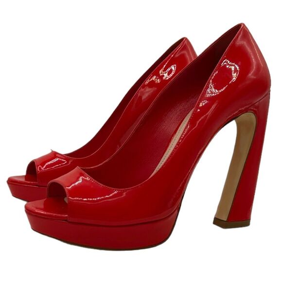 MIU MIU RED PUMPS PATENT LEATHER PEEP TOE BLOCK HIGH HEEL SHOES WOMEN EU 38.5 - Picture 2 of 10